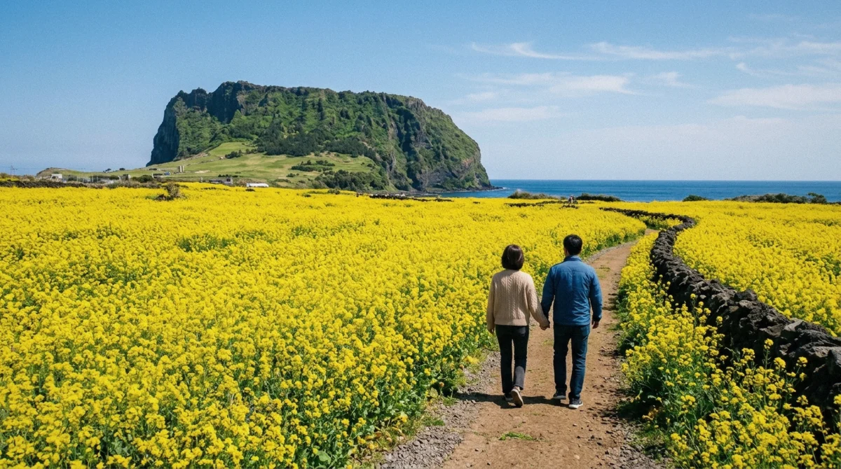 Canola flowers blooming with Hallasan in the distance, illustrating the best time to visit Jeju island in spring