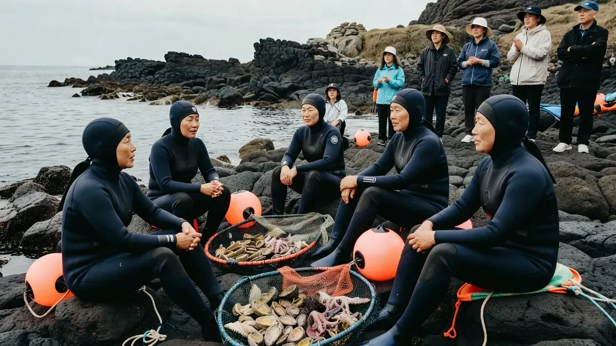 Jeju haenyeo women divers resting on volcanic rocks with orange floats after a dive on a tour of Jeju Island Korea, South Korea