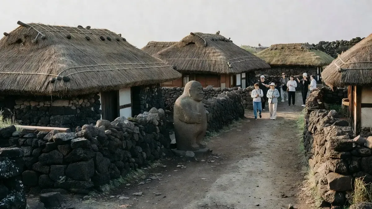 Traditional thatched stone houses and a dol hareubang statue at Seongeup Folk Village on a tour of Jeju Island Korea, South Korea