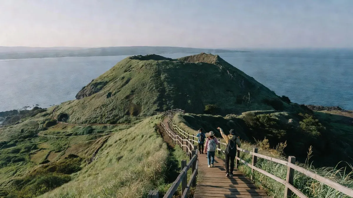 The green tuff cone of Seongsan Ilchulbong rising from the sea on a UNESCO tour of Jeju Island Korea, South Korea