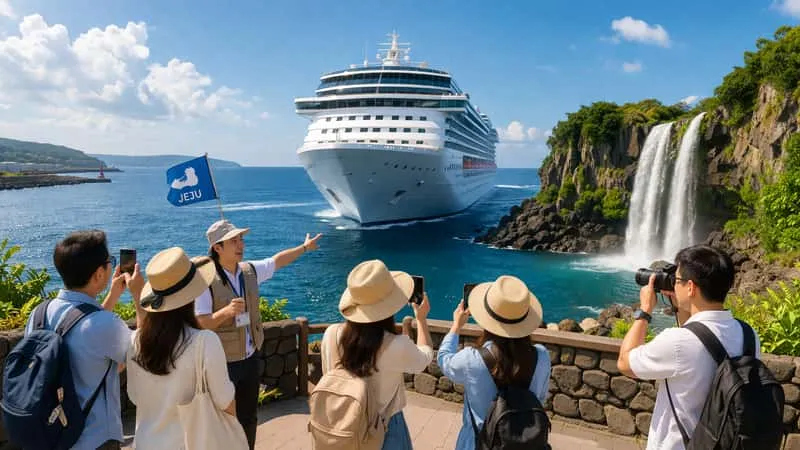 Cruise ship docked at Jeju port ready for a UNESCO day tour of Jeju Island Korea, South Korea
