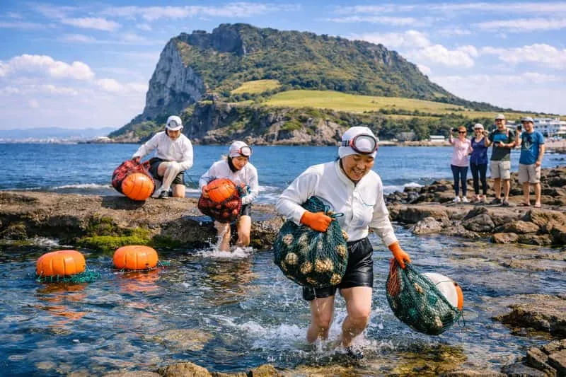 Haenyeo women divers performing a show on a UNESCO tour of Jeju Island Korea, South Korea